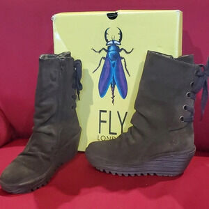 Fly London Yada oil suede brown wedge slouch boots iob
